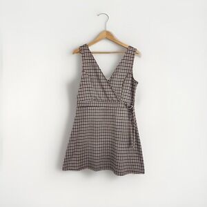 Y2K Preppy Academic Large Dress Dark Academia Houndstooth Faux Wrap Brown